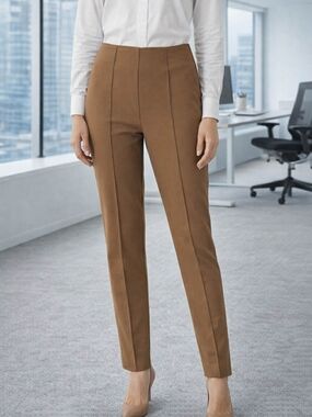NWT Rachel Zoe Camel Pintuck Seam High-Rise Slim Leg Pants, Sz12